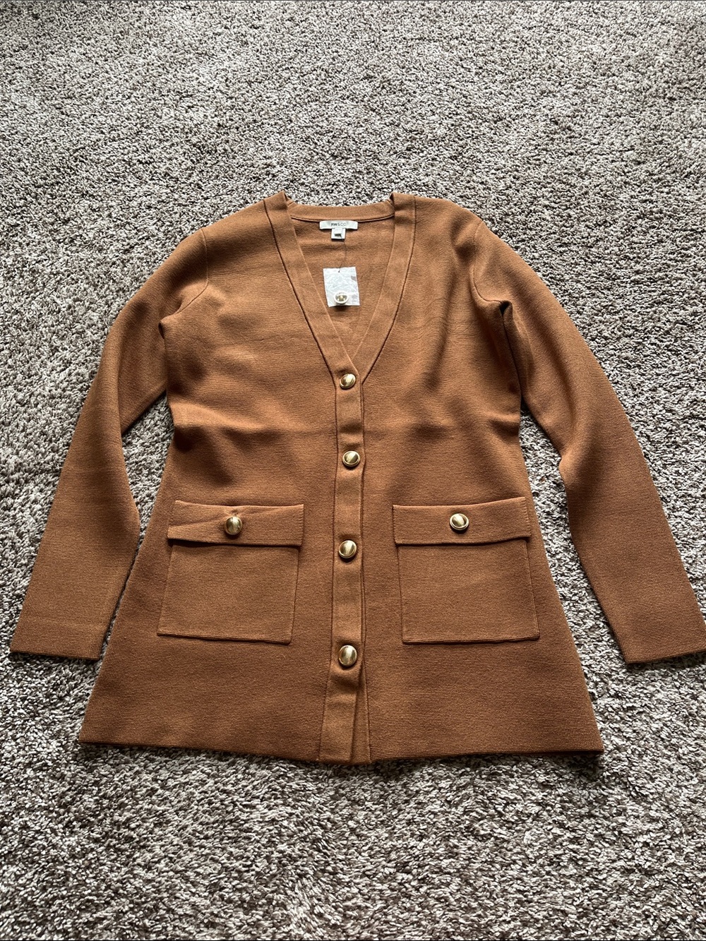 RW&Co Camel Brown Button Front Cardigan with Patch Pockets Size XS